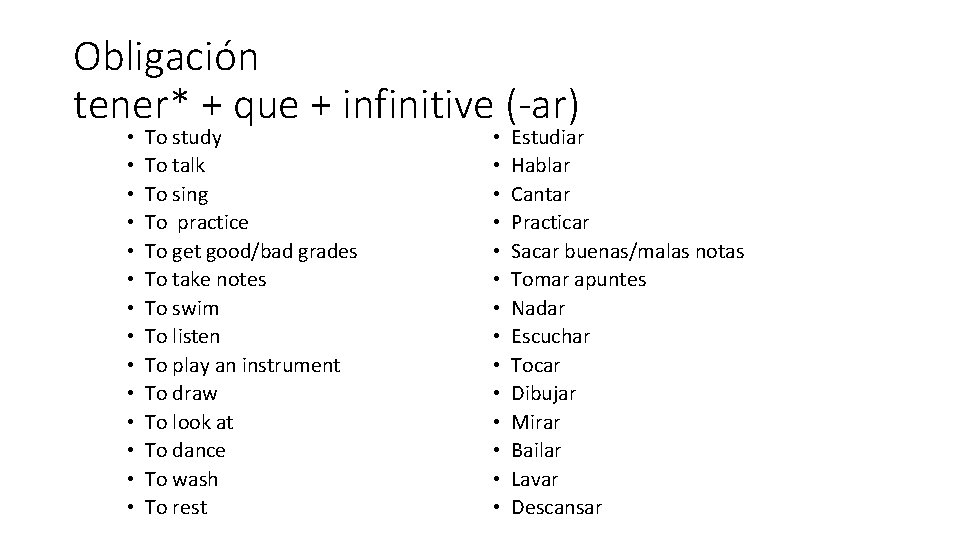 Obligación tener* + que + infinitive (-ar) • • • • To study To