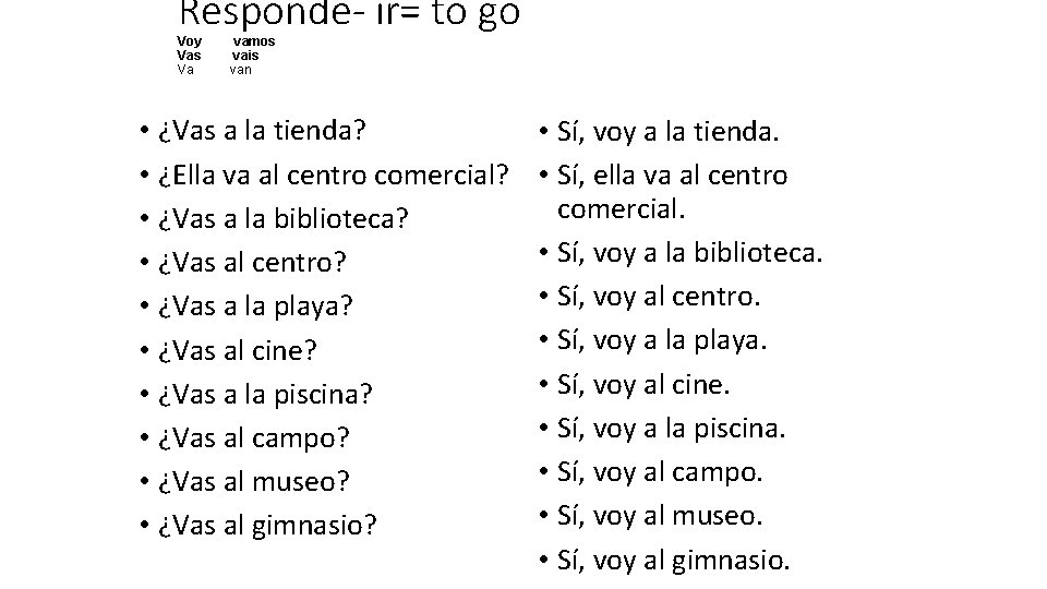 Responde- ir= to go Voy Vas Va vamos vais van • ¿Vas a la