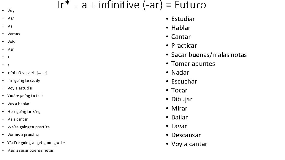  • Voy Ir* + a + infinitive (-ar) = Futuro • Vas •