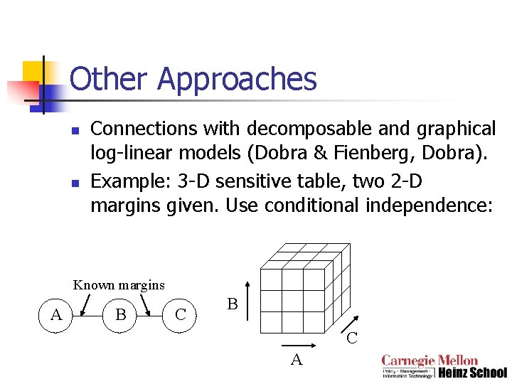Other Approaches n n Connections with decomposable and graphical log-linear models (Dobra & Fienberg,