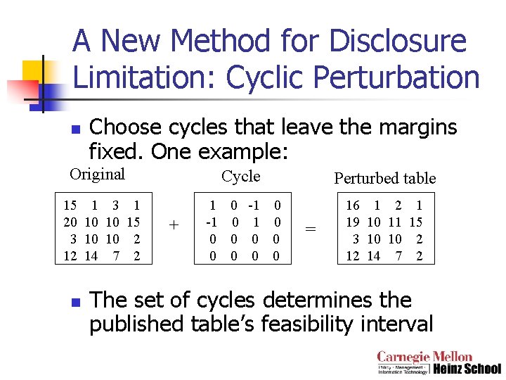 A New Method for Disclosure Limitation: Cyclic Perturbation n Choose cycles that leave the