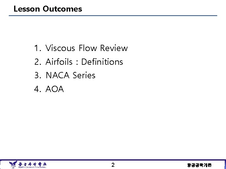 Lesson Outcomes 1. Viscous Flow Review 2. Airfoils : Definitions 3. NACA Series 4.