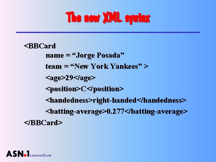 The new XML syntax <BBCard name = “Jorge Posada” team = “New York Yankees”