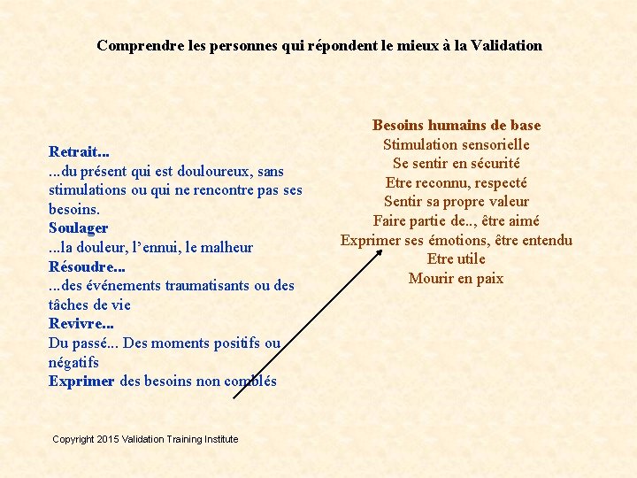 Comprendre les personnes qui répondent le mieux à la Validation Retrait. . . du