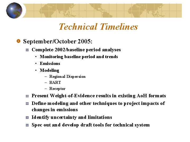 Technical Timelines September/October 2005: Complete 2002/baseline period analyses • Monitoring baseline period and trends