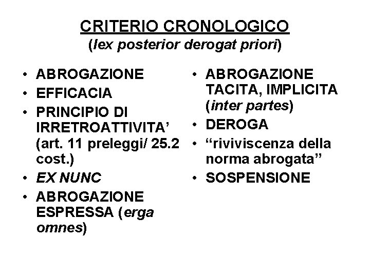 CRITERIO CRONOLOGICO (lex posterior derogat priori) • ABROGAZIONE • EFFICACIA • PRINCIPIO DI IRRETROATTIVITA’