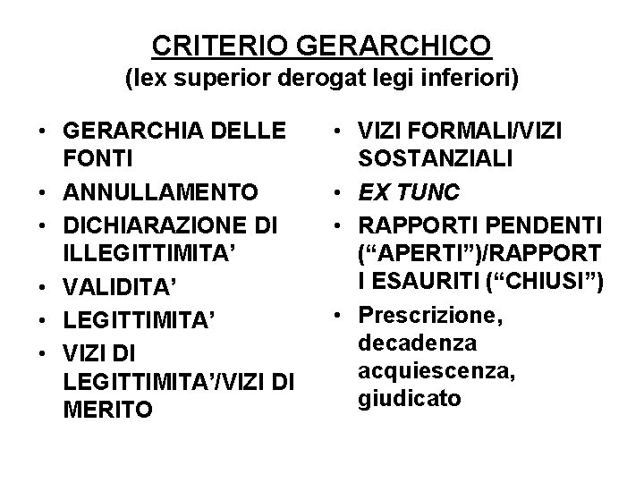 CRITERIO GERARCHICO (lex superior derogat legi inferiori) • GERARCHIA DELLE FONTI • ANNULLAMENTO •