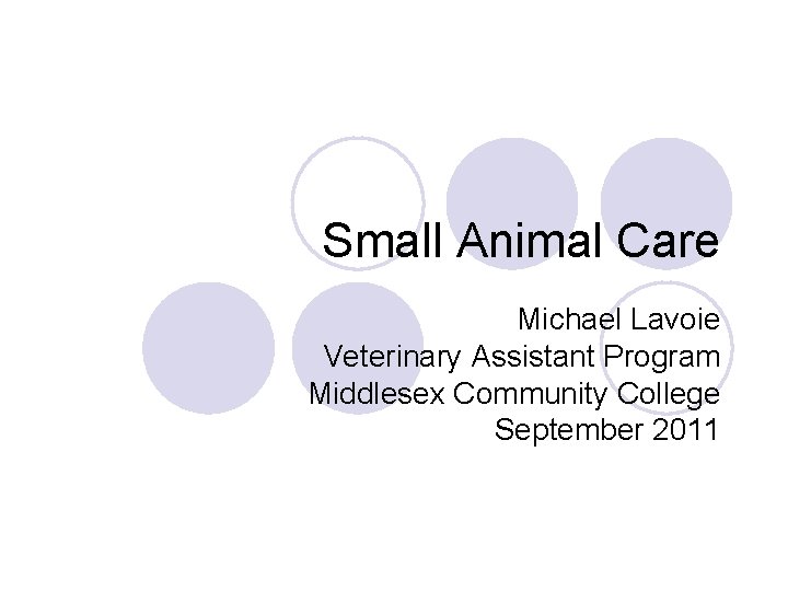 Small Animal Care Michael Lavoie Veterinary Assistant Program Middlesex Community College September 2011 