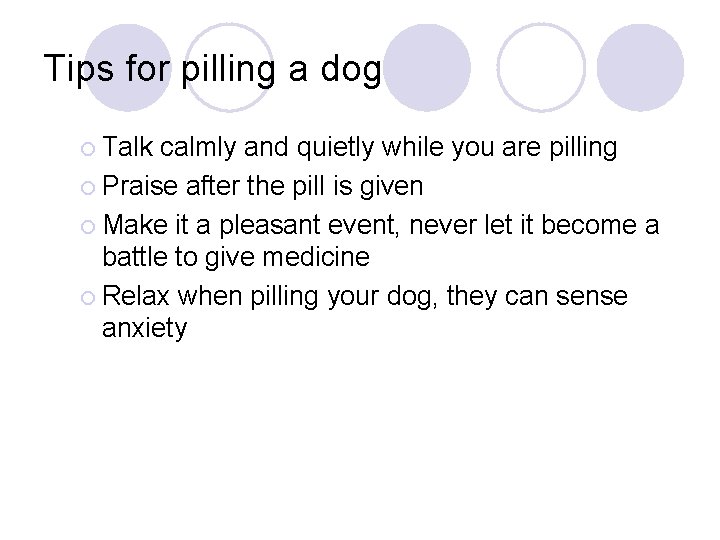 Tips for pilling a dog ¡ Talk calmly and quietly while you are pilling