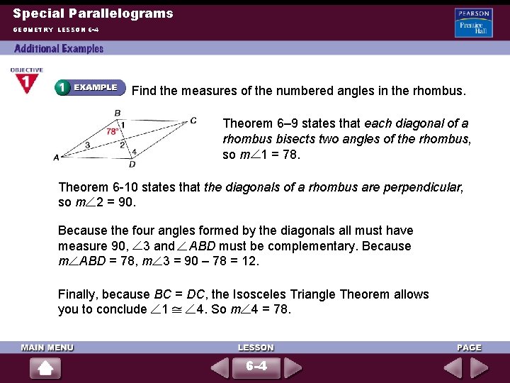 Special Parallelograms GEOMETRY LESSON 6 -4 Find the measures of the numbered angles in