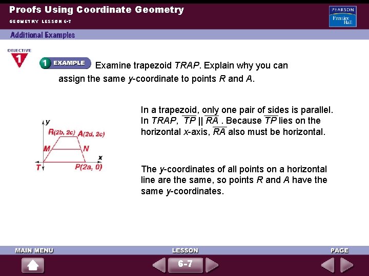 Proofs Using Coordinate Geometry GEOMETRY LESSON 6 -7 Examine trapezoid TRAP. Explain why you