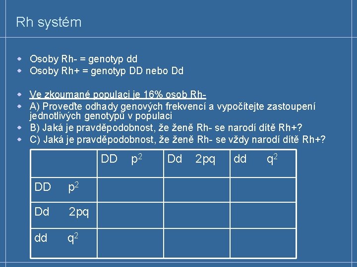 Rh systém w Osoby Rh- = genotyp dd w Osoby Rh+ = genotyp DD