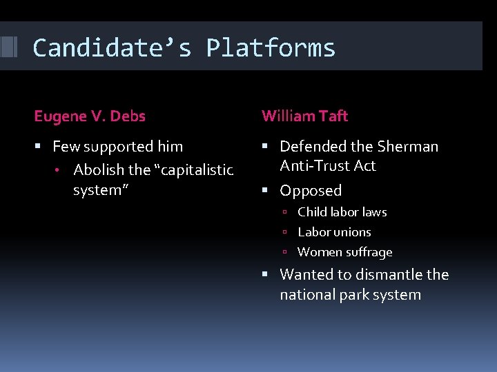 Candidate’s Platforms Eugene V. Debs William Taft Few supported him • Abolish the “capitalistic
