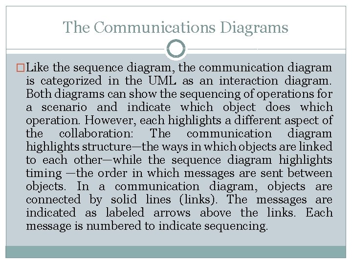 The Communications Diagrams �Like the sequence diagram, the communication diagram is categorized in the