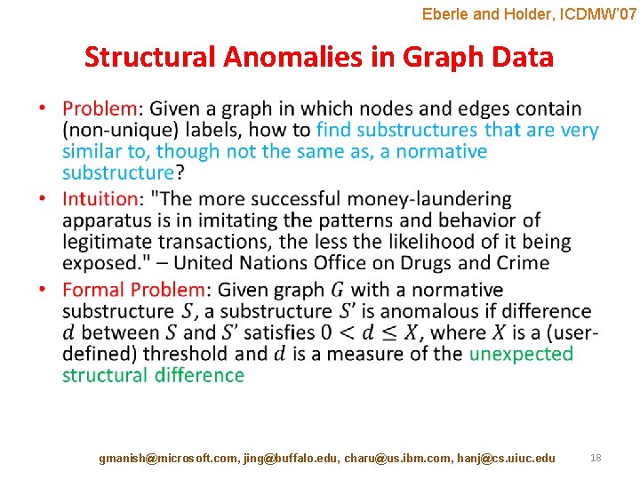 Eberle and Holder, ICDMW’ 07 Structural Anomalies in Graph Data • gmanish@microsoft. com, jing@buffalo.