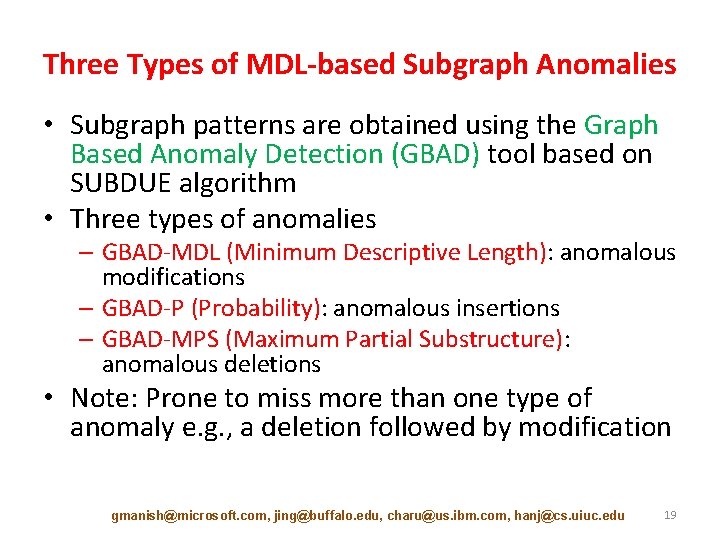 Three Types of MDL-based Subgraph Anomalies • Subgraph patterns are obtained using the Graph