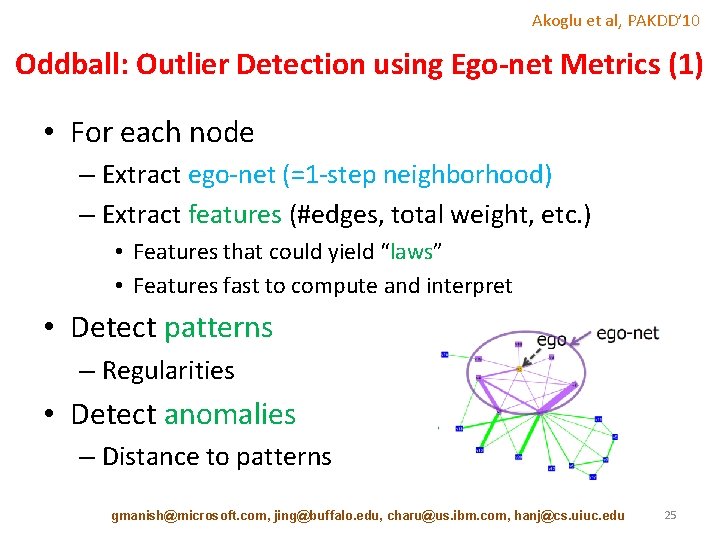 Akoglu et al, PAKDD’ 10 Oddball: Outlier Detection using Ego-net Metrics (1) • For