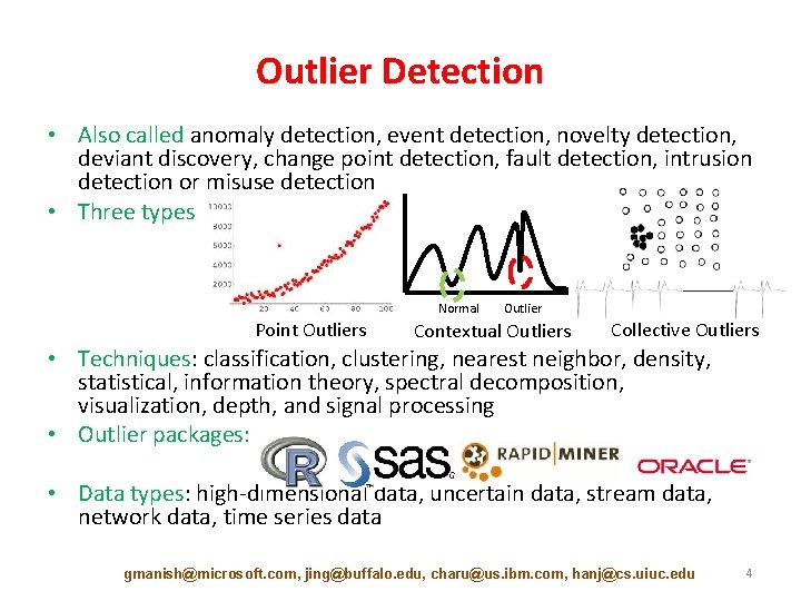 Outlier Detection • Also called anomaly detection, event detection, novelty detection, deviant discovery, change