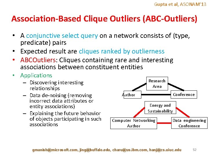 Gupta et al, ASONAM’ 13 Association-Based Clique Outliers (ABC-Outliers) • A conjunctive select query