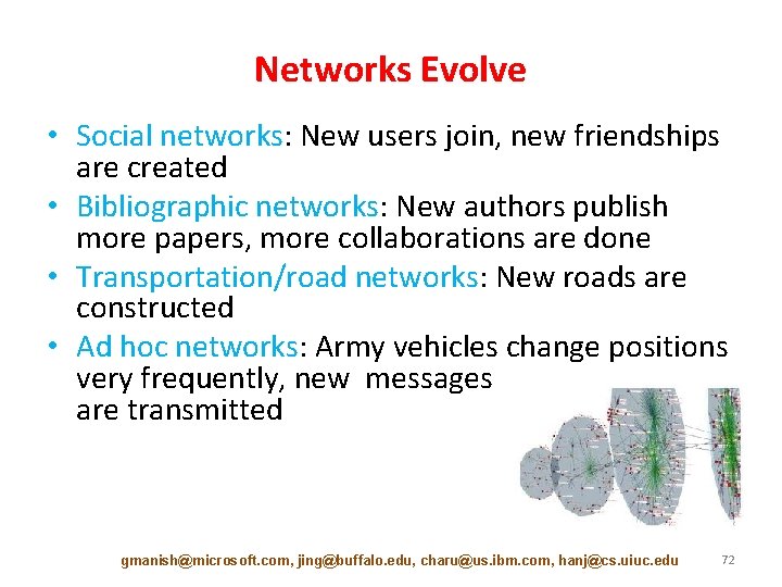 Networks Evolve • Social networks: New users join, new friendships are created • Bibliographic