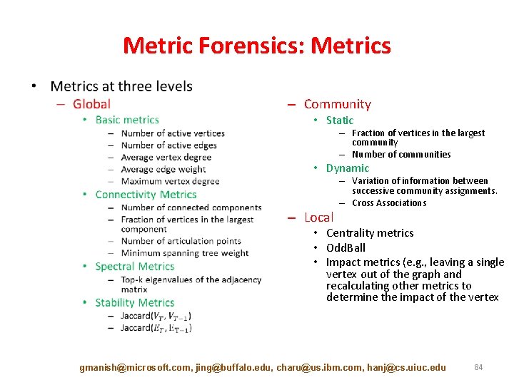 Metric Forensics: Metrics • – Community • Static – Fraction of vertices in the