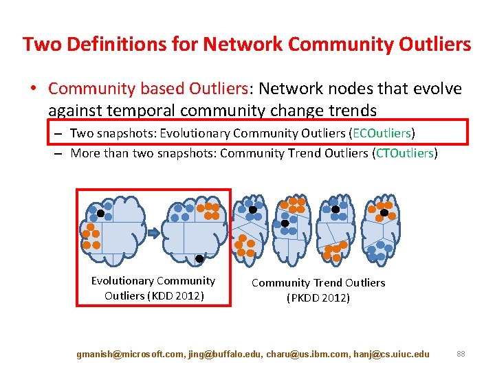 Two Definitions for Network Community Outliers • Community based Outliers: Network nodes that evolve