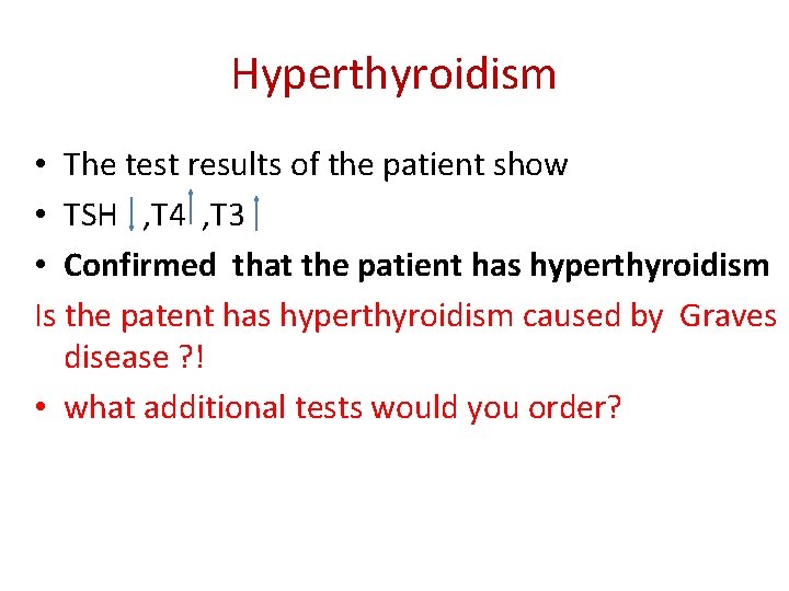 Hyperthyroidism • The test results of the patient show • TSH , T 4