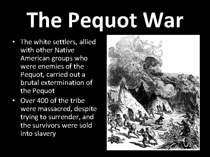 The Pequot War • The white settlers, allied with other Native American groups who
