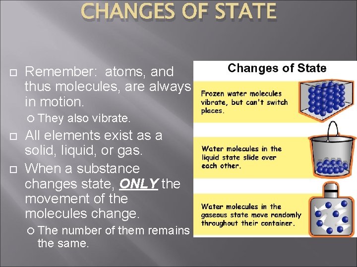 CHANGES OF STATE Remember: atoms, and thus molecules, are always in motion. They also