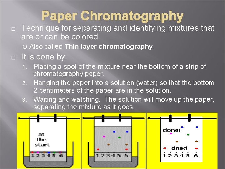 Paper Chromatography Technique for separating and identifying mixtures that are or can be colored.