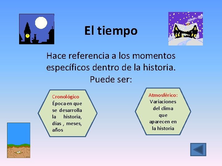 El tiempo Hace referencia a los momentos específicos dentro de la historia. Puede ser: