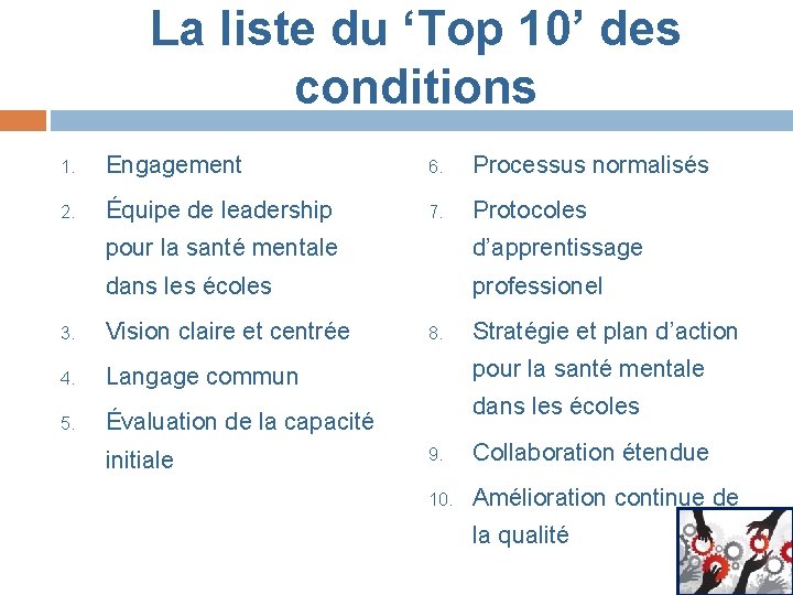 La liste du ‘Top 10’ des conditions 1. Engagement 6. Processus normalisés 2. Équipe