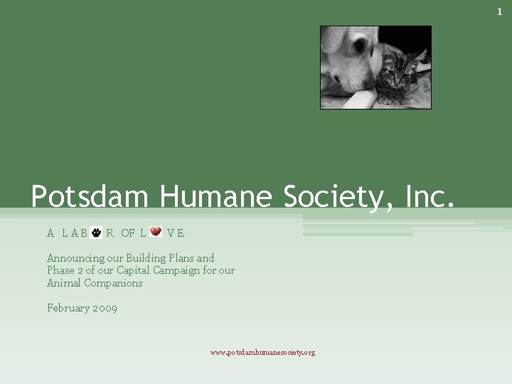 1 Potsdam Humane Society, Inc. A LAB R OF L VE Announcing our Building