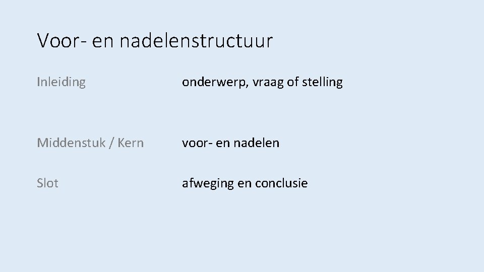 Voor- en nadelenstructuur Inleiding onderwerp, vraag of stelling Middenstuk / Kern voor- en nadelen