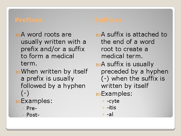 Prefixes Suffixes A A word roots are usually written with a prefix and/or a