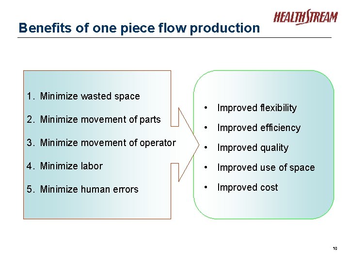 Benefits of one piece flow production 1. Minimize wasted space • Improved flexibility 2.