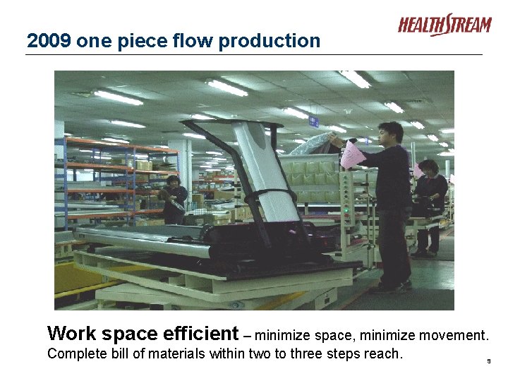 2009 one piece flow production Work space efficient – minimize space, minimize movement. Complete