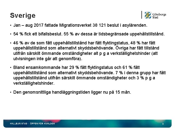 Sverige • Jan – aug 2017 fattade Migrationsverket 38 121 beslut i asylärenden. •