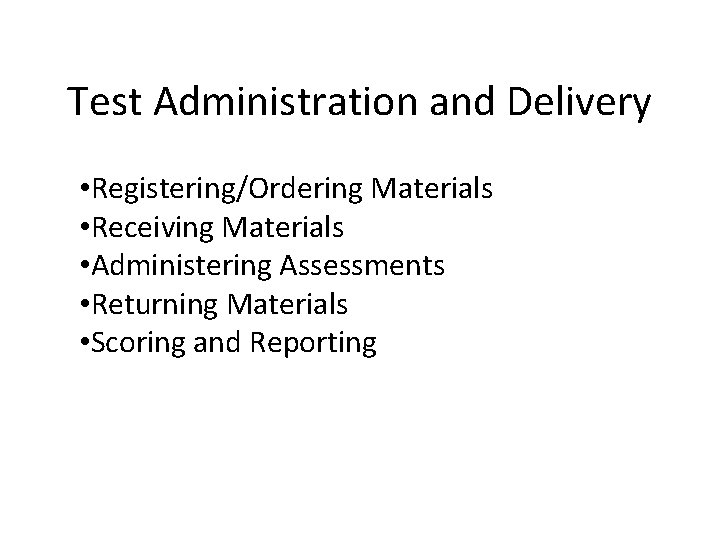 Test Administration and Delivery • Registering/Ordering Materials • Receiving Materials • Administering Assessments •