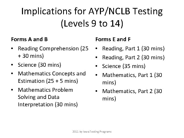 Implications for AYP/NCLB Testing (Levels 9 to 14) Forms A and B Forms E