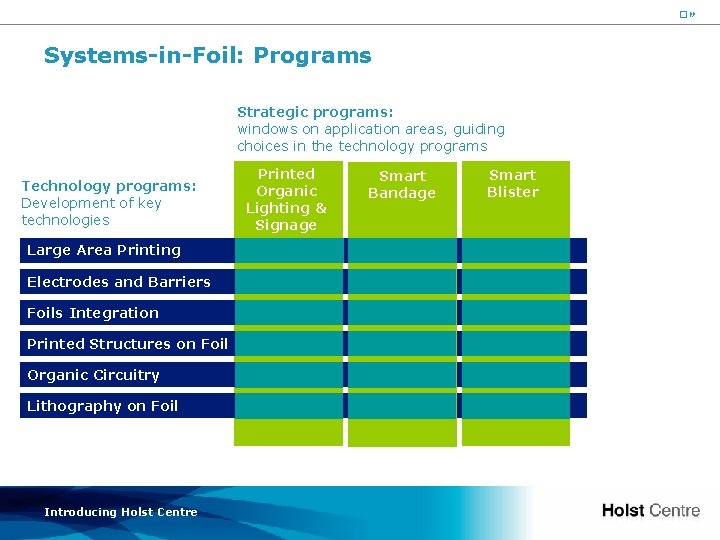 18 Systems-in-Foil: Programs Strategic programs: windows on application areas, guiding choices in the technology