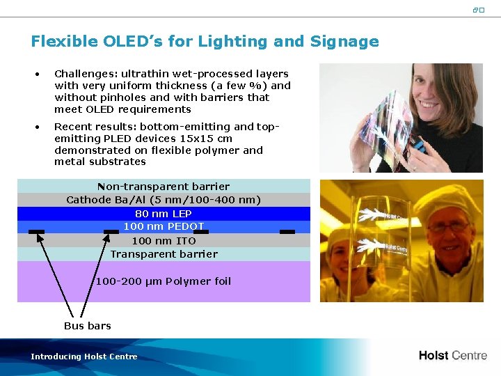 21 Flexible OLED’s for Lighting and Signage • Challenges: ultrathin wet-processed layers with very