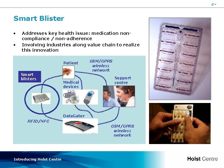 26 Smart Blister • • Addresses key health issue: medication noncompliance / non-adherence Involving