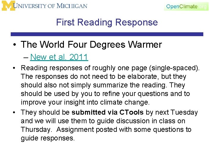 First Reading Response • The World Four Degrees Warmer – New et al. 2011