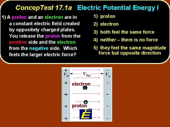 Concep. Test 17. 1 a Electric Potential Energy I 1) proton 1) A proton