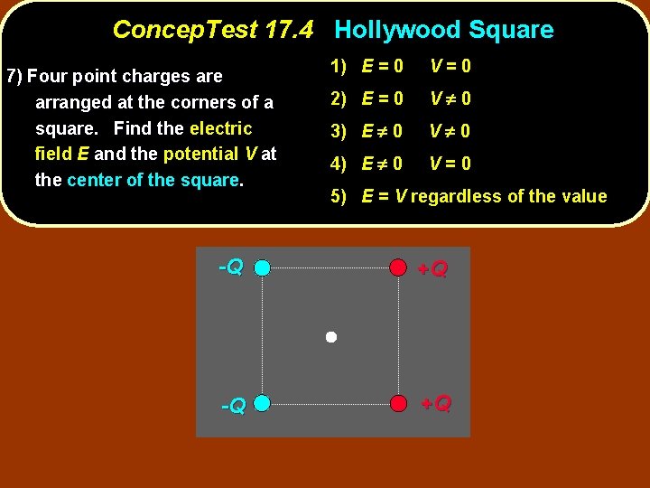 Concep. Test 17. 4 Hollywood Square 7) Four point charges are arranged at the