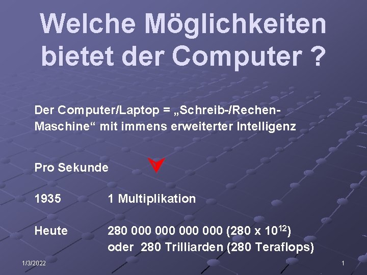 Welche Möglichkeiten bietet der Computer ? Der Computer/Laptop = „Schreib-/Rechen. Maschine“ mit immens erweiterter