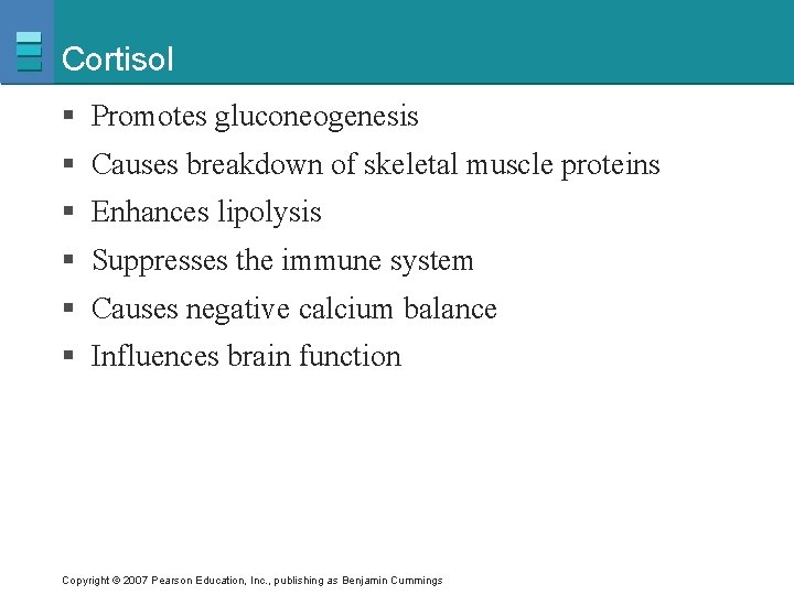 Cortisol § Promotes gluconeogenesis § Causes breakdown of skeletal muscle proteins § Enhances lipolysis