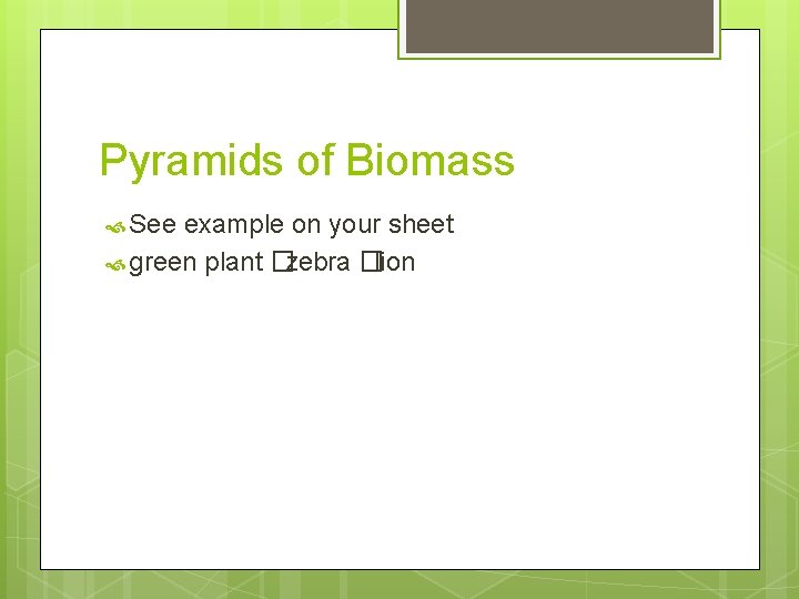 Pyramids of Biomass See example on your sheet green plant � zebra �lion 