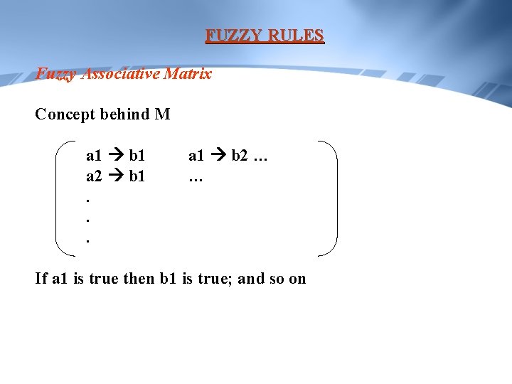 FUZZY RULES Fuzzy Associative Matrix Concept behind M a 1 b 1 a 2